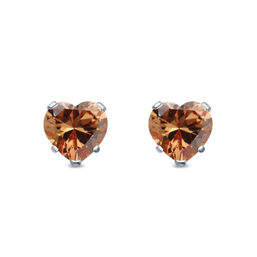 Heart Stud Earrings Simulated Champagne CZ 925 Sterling Silver (4mm-8mm)